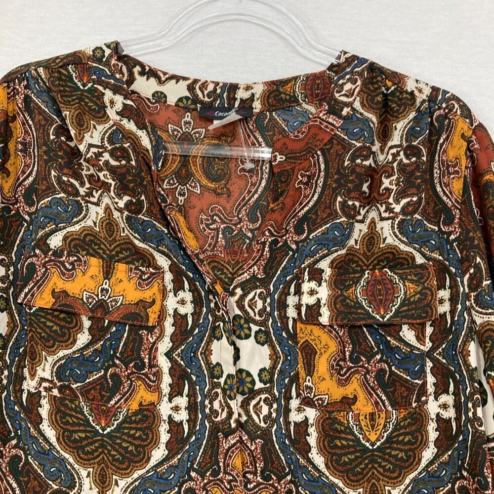 New Cocomo size XL‎ V Neck 3/4 Sleeve Brown Boho Abstract Print Popover Blouse - Picture 4 of 9